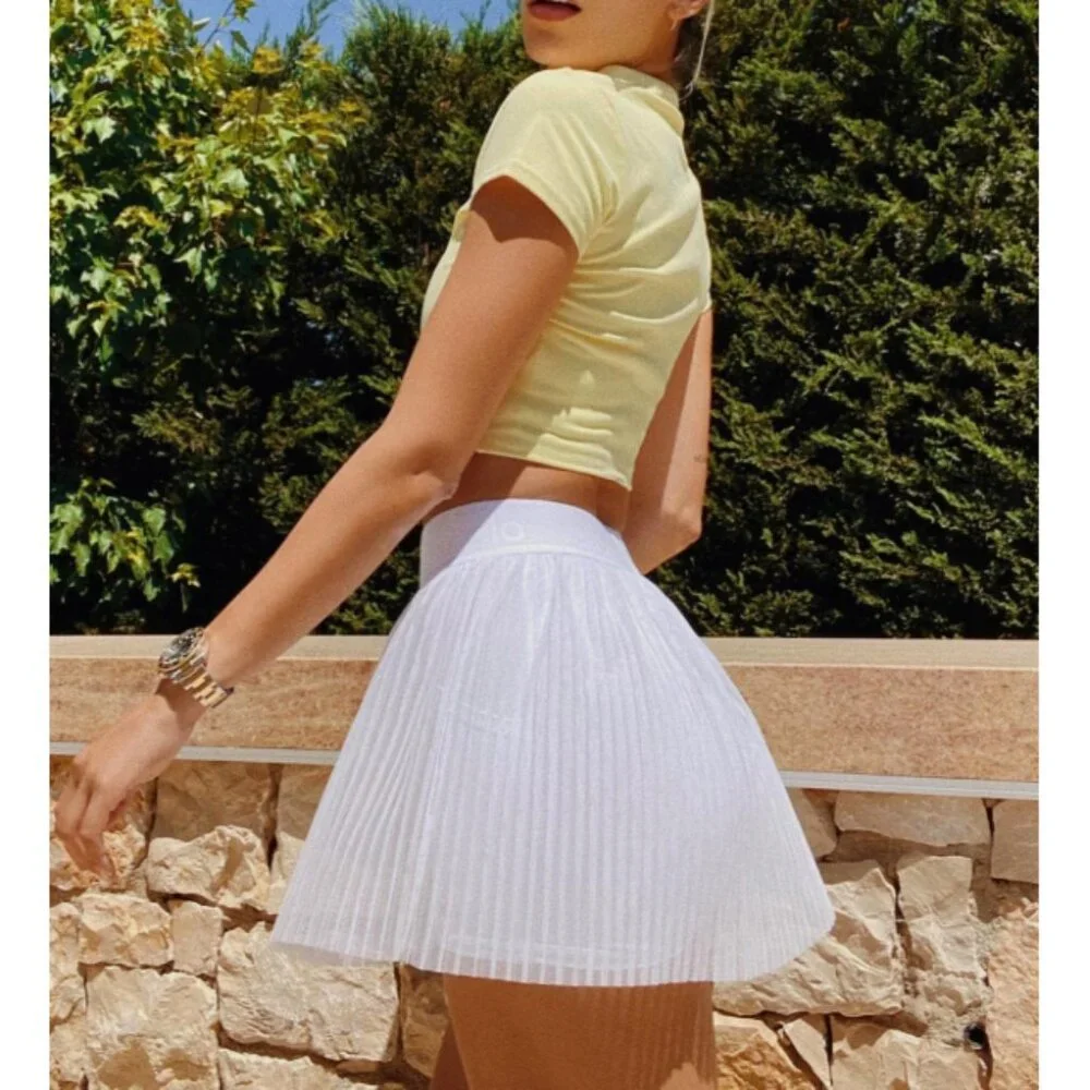 Alo Mesh Flirty Tennis Skirt White Sheer Transparent See-Through Pleated Skort